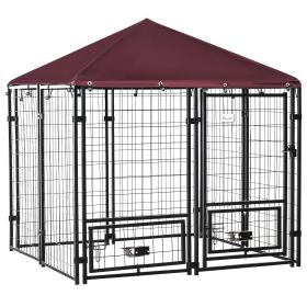5' x 5' Outdoor Dog Kennel with Rotating Bowl Holders, Walk-in Pet Playpen, Wire Steel with Water and UV-Resistant Canopy, Red