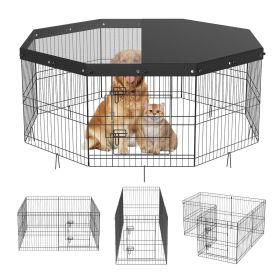 Dog Playpen, 8 Panels Foldable Metal Dog Exercise Pen with Top Cover, 24" H Pet Fence Puppy Crate Kennel with Ground Stakes