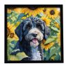 Portuguese Water Dog in Sunflowers Framed Metal Print Bathroom, Kitchen, Office, Home Decor Wall Art Ready to Hang, Square, 8X8
