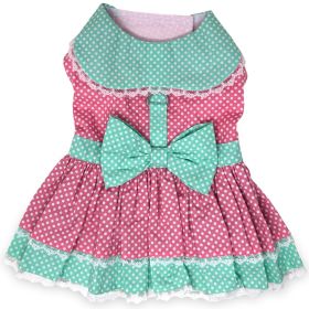 Polka Dot and Lace Dog Dress Set with Leash (Color: Pink and Teal, size: X-Large)