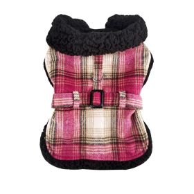 Sherpa-Lined Dog Harness Coat (Color: Hot Pink & Tan Plaid, size: X-Large)