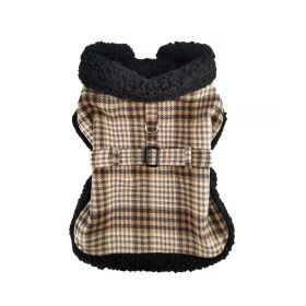 Sherpa-Lined Dog Harness Coat (Color: Brown & White Plaid, size: large)